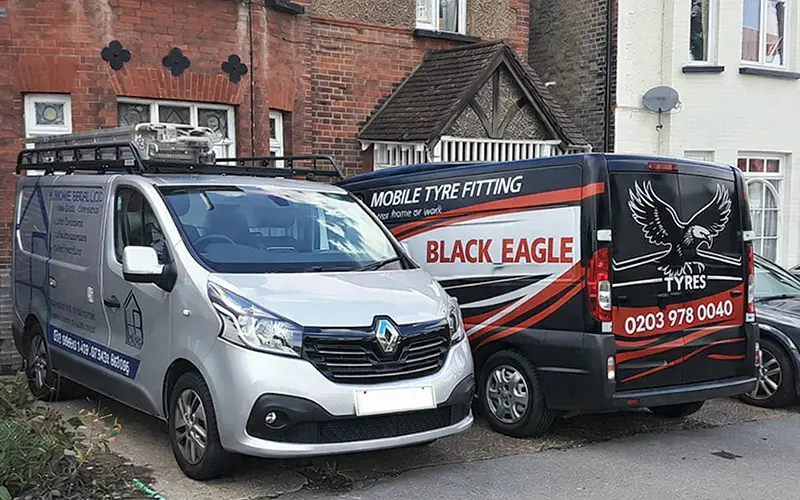Black Eagle Tyres technician fitting a tyre on a commercial van