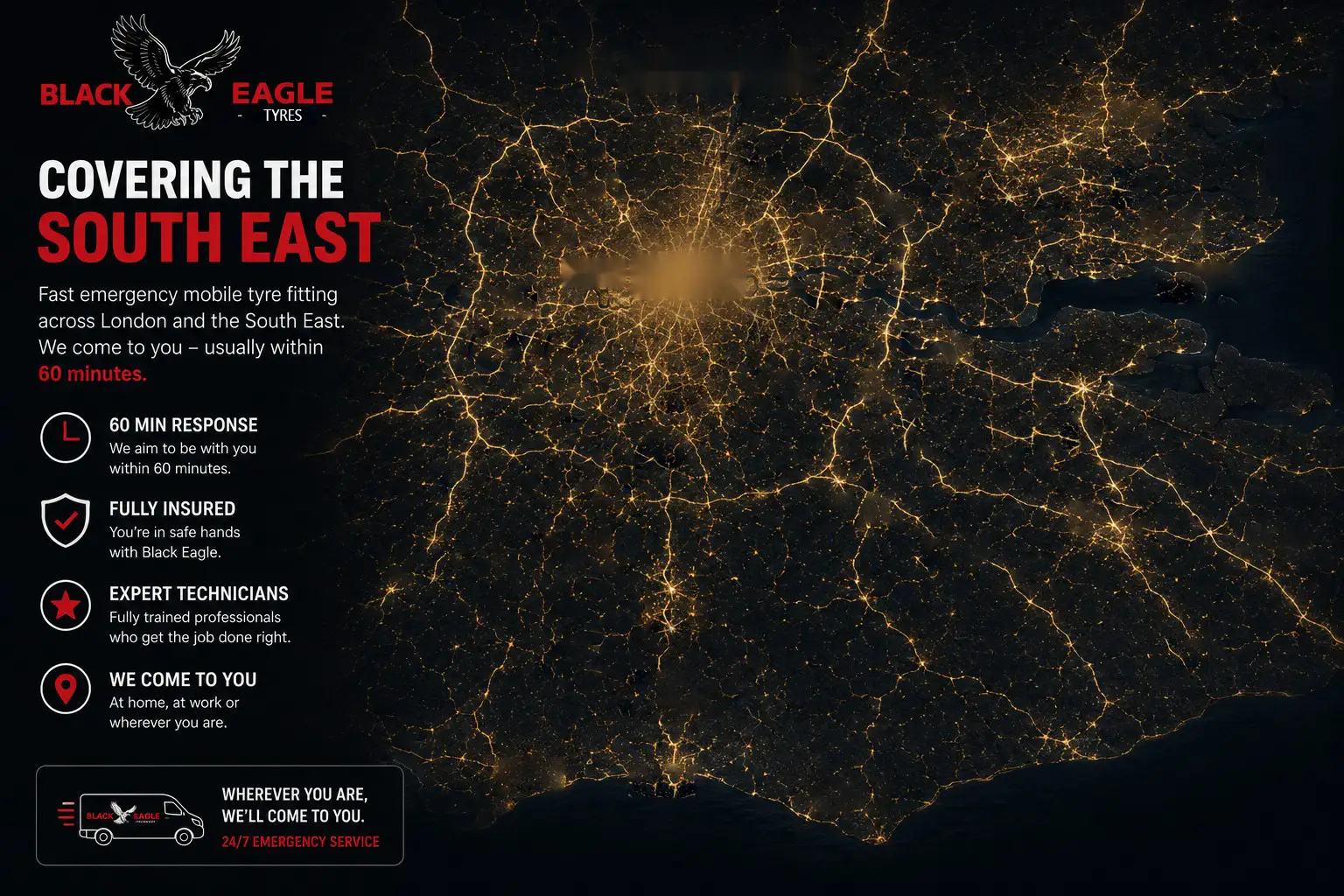 Black Eagle Tyres coverage map of London and the Home Counties