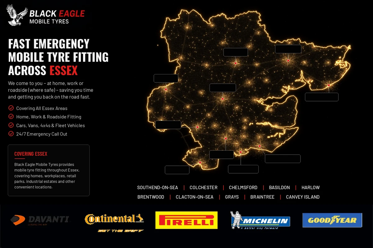 Mobile tyre fitting coverage map of Essex showing all areas served by Black Eagle Tyres including Southend-on-Sea, Colchester, Chelmsford, Basildon, Harlow, Brentwood, Clacton-on-Sea, Grays, Braintree and Canvey Island