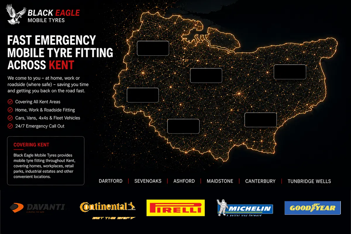 Mobile tyre fitting coverage map of Kent showing all areas served by Black Eagle Tyres including Dartford, Sevenoaks, Ashford, Maidstone, Canterbury and Tunbridge Wells