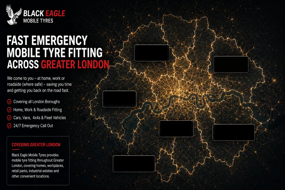 Mobile tyre fitting coverage map of Greater London showing all areas served by Black Eagle Tyres including North, East, South, South East, South West and West London