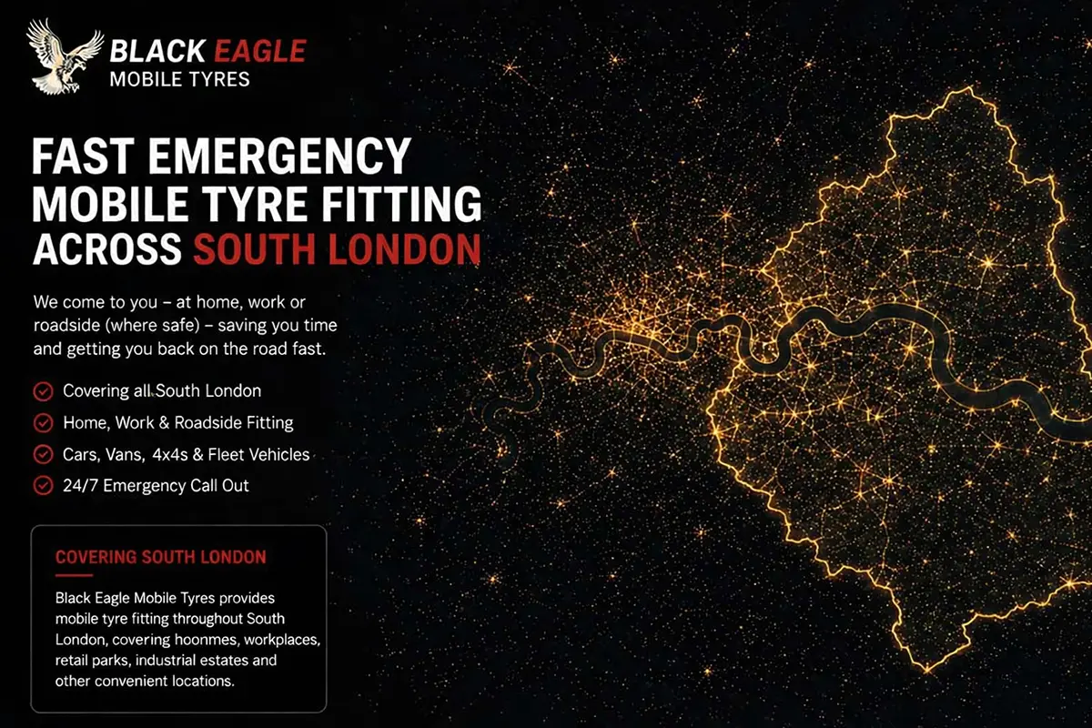 Mobile tyre fitting coverage map of South London showing Sutton and surrounding areas